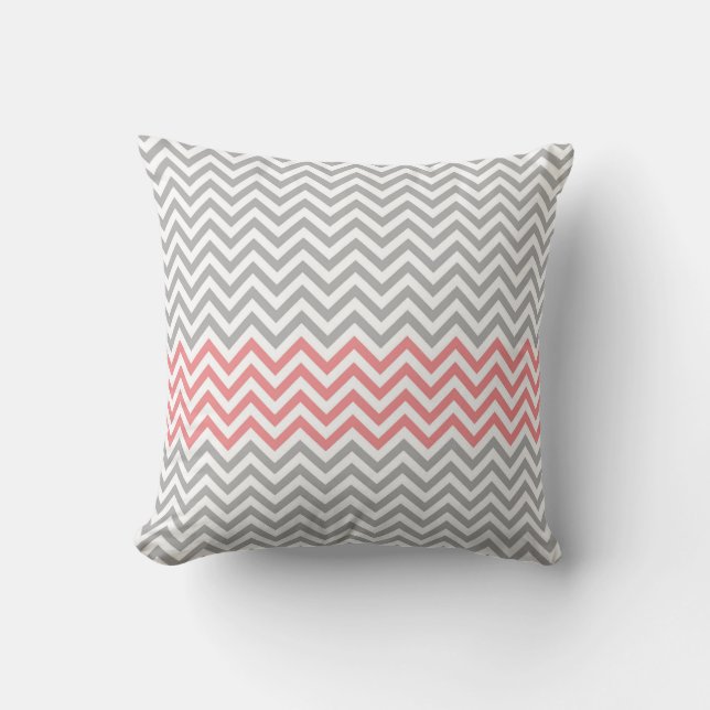 Grey, White and Coral Chevron Cushion (Front)