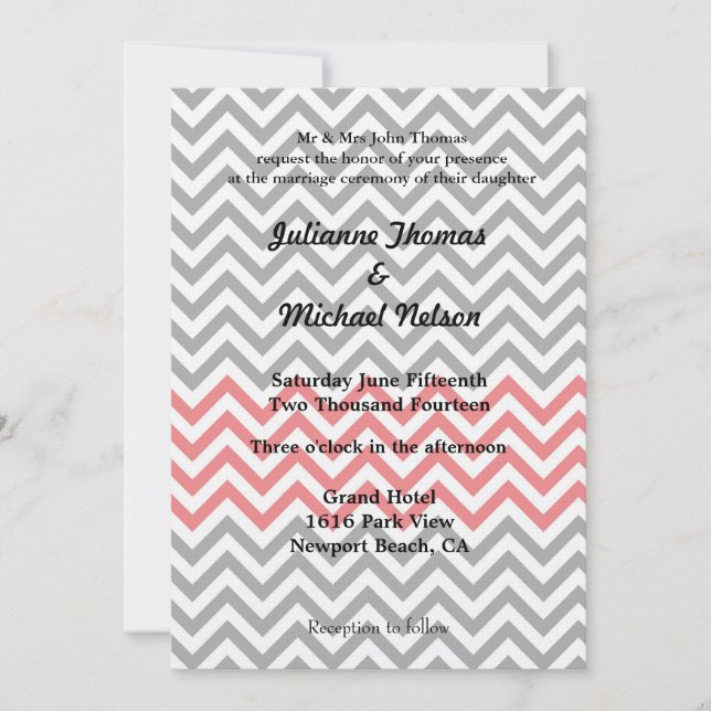 Grey, White and Coral Chevron Wedding Invitation (Front)