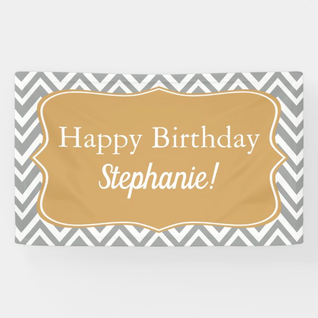 Grey, White and  Gold Chevron Birthday Banner (Horizontal)
