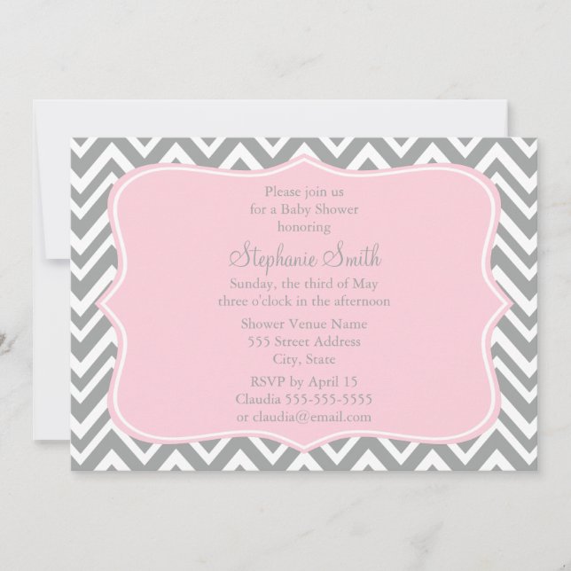 Grey, White and Pastel Pink Chevron Baby Shower Invitation (Front)