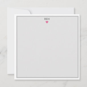 Grey white and pink heart monogrammed flat note invitation