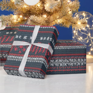 Grey, White And Red Ugly Christmas Sweater Design Wrapping Paper