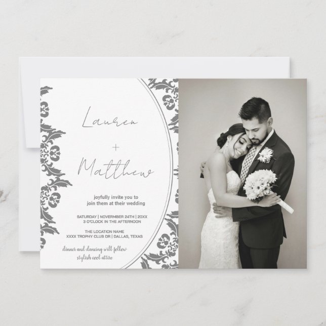 Grey White Art Wedding Invitations with photo (Front)