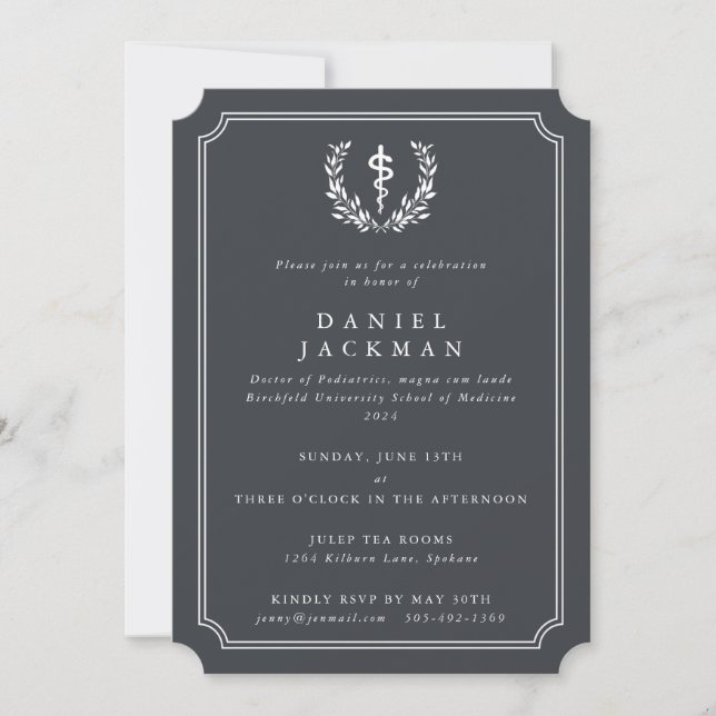 Grey/White Asclepius Medical School Graduation Invitation (Front)
