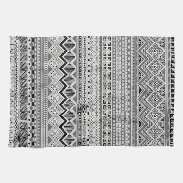 Grey white aztec patterns design tea towel (Horizontal)