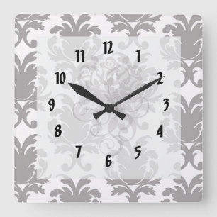 grey white baroque damask square wall clock