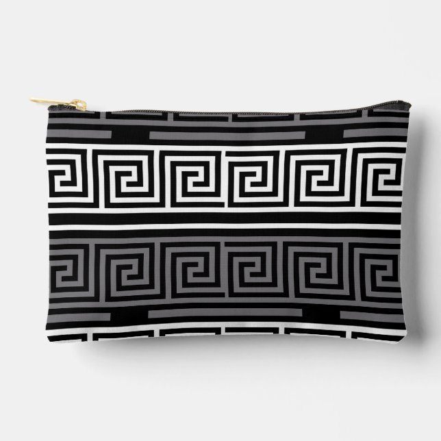 Grey White Black Greek Key Fret Pattern Design  Accessory Pouch (Front)