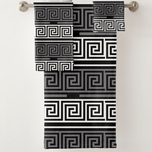 Grey White Black Greek Key Fret Pattern Design Bath Towel Set
