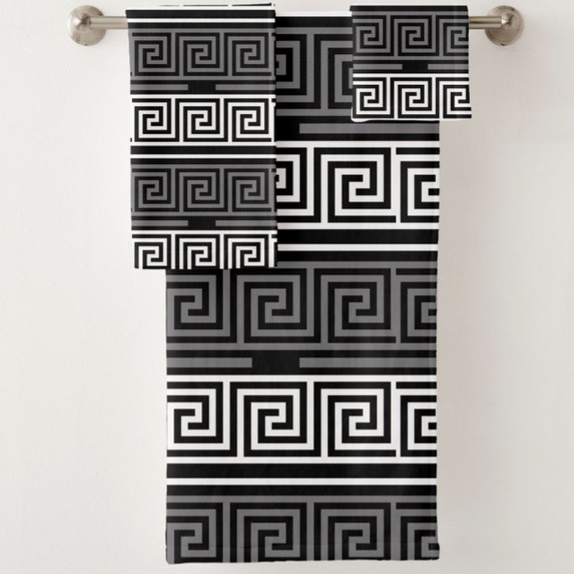 Grey White Black Greek Key Fret Pattern Design  Bath Towel Set (Creator Uploaded)