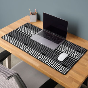Grey White Black Greek Key Fret Pattern Design Desk Mat