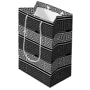 Grey White Black Greek Key Fret Pattern Design Medium Gift Bag