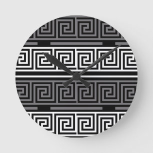 Grey White Black Greek Key Fret Pattern Design  Round Clock