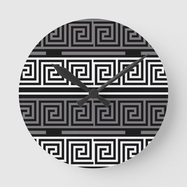 Grey White Black Greek Key Fret Pattern Design  Round Clock (Front)