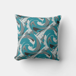 Grey White Black Teal Blue Floral Twirls Abstract Cushion