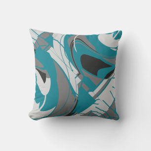 Grey White Black Teal Blue Flowing Floral Abstract Cushion