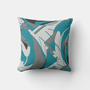 Grey White Black Teal Blue Lush Leaves Abstract Cushion