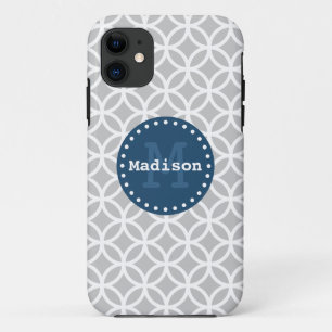 Grey White Blue Modern Circles Monogram iPhone 11 Case