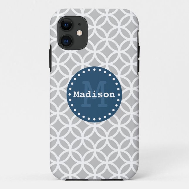 Grey White Blue Modern Circles Monogram Case-Mate iPhone Case (Back)