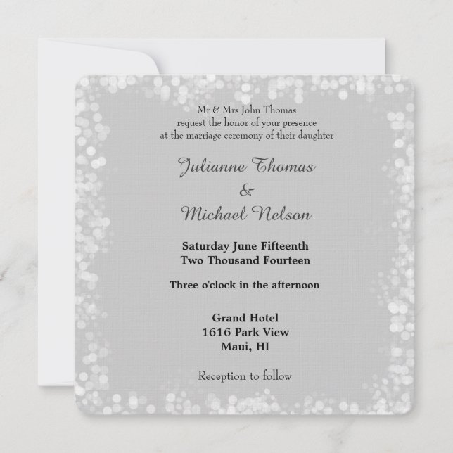 Grey White Bokeh Wedding Invitation (Front)