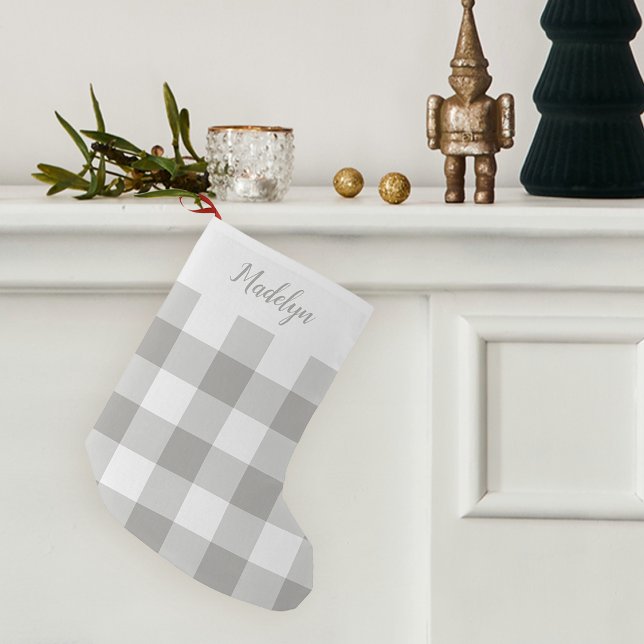 Grey & White Buffalo Plaid Personalised Small Christmas Stocking (Creator Uploaded)