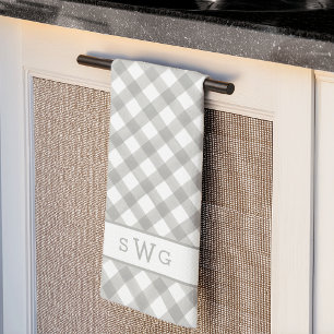 Grey & White Buffalo Plaid Three Initial Monogram Tea Towel