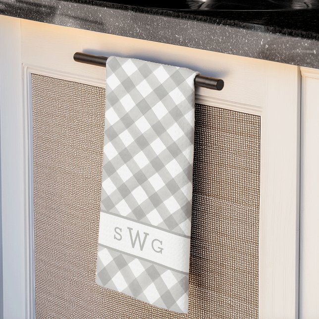 Grey & White Buffalo Plaid Three Initial Monogram Tea Towel (Creator Uploaded)