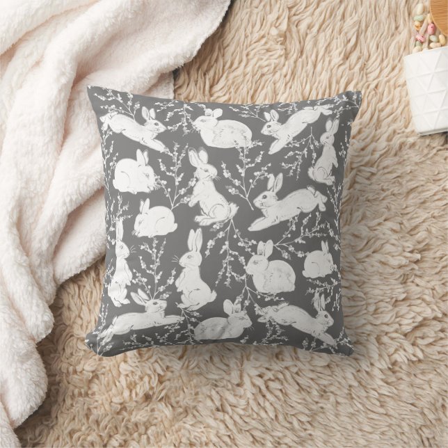 Grey White Bunny Rabbit Berry Pattern Neutral  Cushion (Blanket)