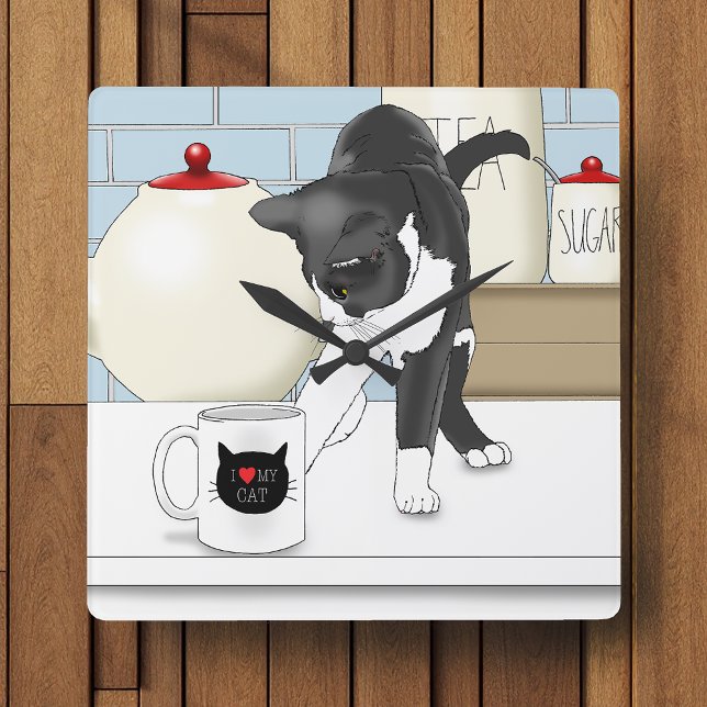 Grey White Cat Funny Tea Mug Kitchen Square Wall Clock (Creator Uploaded)