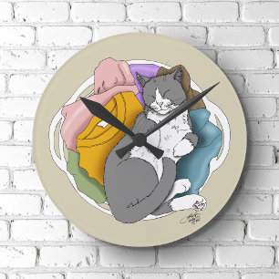 Grey White Cat Hair Laundry Round Clock