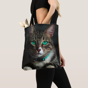 Grey & White Cat with Blue Eyes & Matching Collar Tote Bag