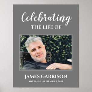 Grey White Celebration Of Life with Photo Funeral Poster
