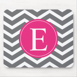 Grey White Chevron Bright Pink Monogram Mouse Pad