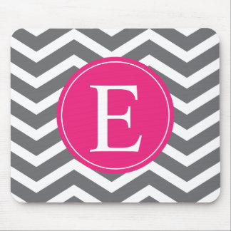 Grey White Chevron Bright Pink Monogram Mouse Pad