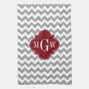 Grey White Chevron Burgundy Quatrefoil 3 Monogram Tea Towel
