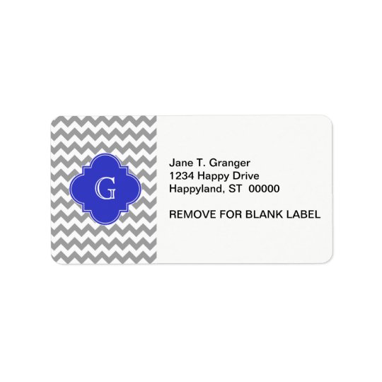 Grey White Chevron Cobalt Blue Quatrefoil Monogram Address Label