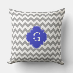 Grey White Chevron Cobalt Blue Quatrefoil Monogram Cushion