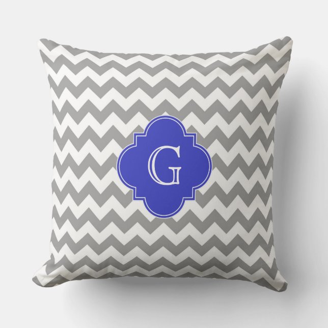 Grey White Chevron Cobalt Blue Quatrefoil Monogram Cushion (Front)