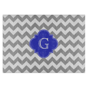 Grey White Chevron Cobalt Blue Quatrefoil Monogram Cutting Board