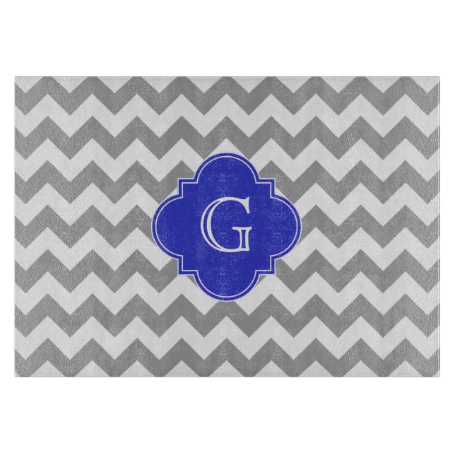 Grey White Chevron Cobalt Blue Quatrefoil Monogram Cutting Board (Front)