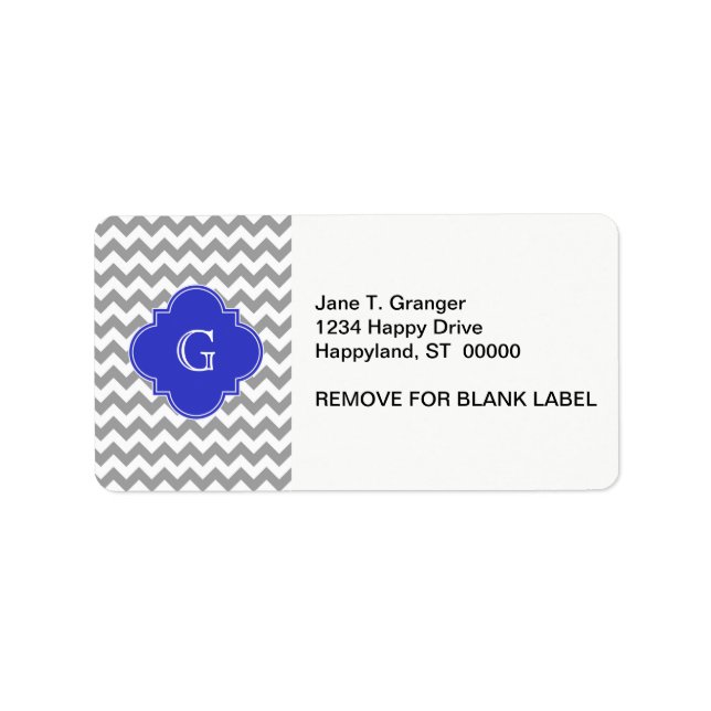 Grey White Chevron Cobalt Blue Quatrefoil Monogram Label (Front)
