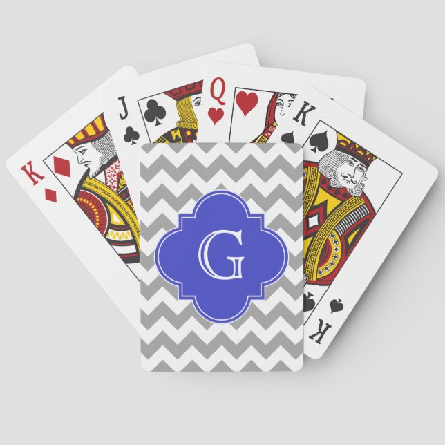 Grey White Chevron Cobalt Blue Quatrefoil Monogram Playing Cards (Back)