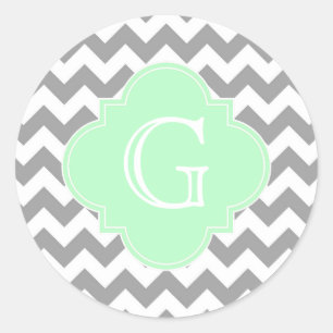 Grey White Chevron Mint Quatrefoil Monogram Classic Round Sticker