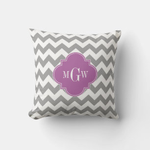 Grey White Chevron Orchid Quatrefoil 3 Monogram Cushion