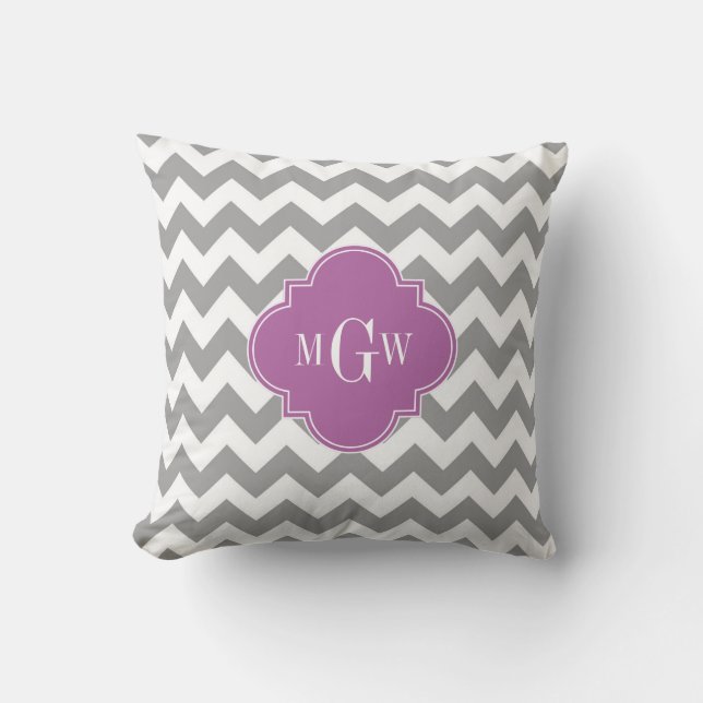 Grey White Chevron Orchid Quatrefoil 3 Monogram Cushion (Front)