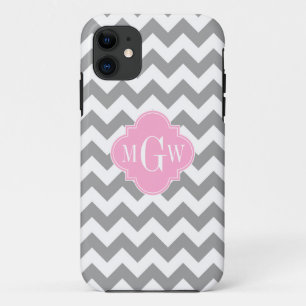 Grey White Chevron Pink Quatrefoil 3 Monogram iPhone 11 Case