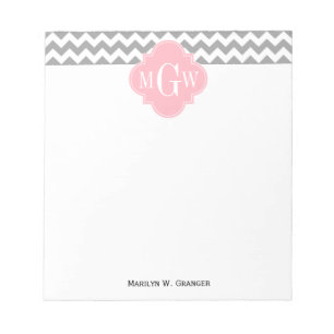 Grey White Chevron Pink Quatrefoil 3 Monogram Notepad