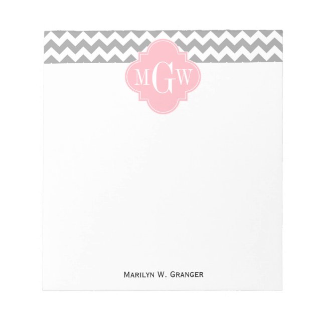 Grey White Chevron Pink Quatrefoil 3 Monogram Notepad (Front)
