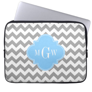 Grey White Chevron Sky Blue Quatrefoil 3 Monogram Laptop Sleeve