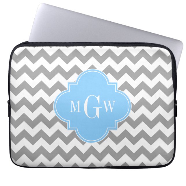 Grey White Chevron Sky Blue Quatrefoil 3 Monogram Laptop Sleeve (Front)