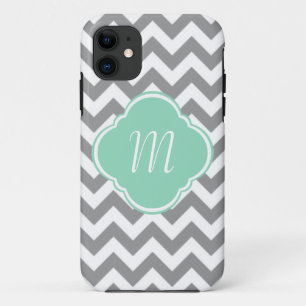 Grey & White Chevron Stripe Custom Monogram iPhone 11 Case